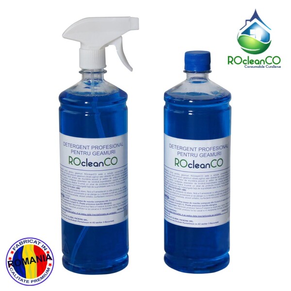 Cauti Set 2 Detergenti profesionali geamuri ROCLEANCO 2x1L. Pe www.globalpacking.ro gasesti consumabilecuratenie si articolemenaj