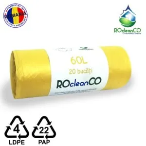 Saci menajeri Galbeni 60x80Cm ROcleanCO LDPE 60 litri 20buc