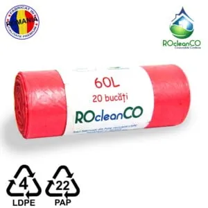 Saci menajeri Rosii 60x80Cm ROcleanCO LDPE 60 litri 20buc